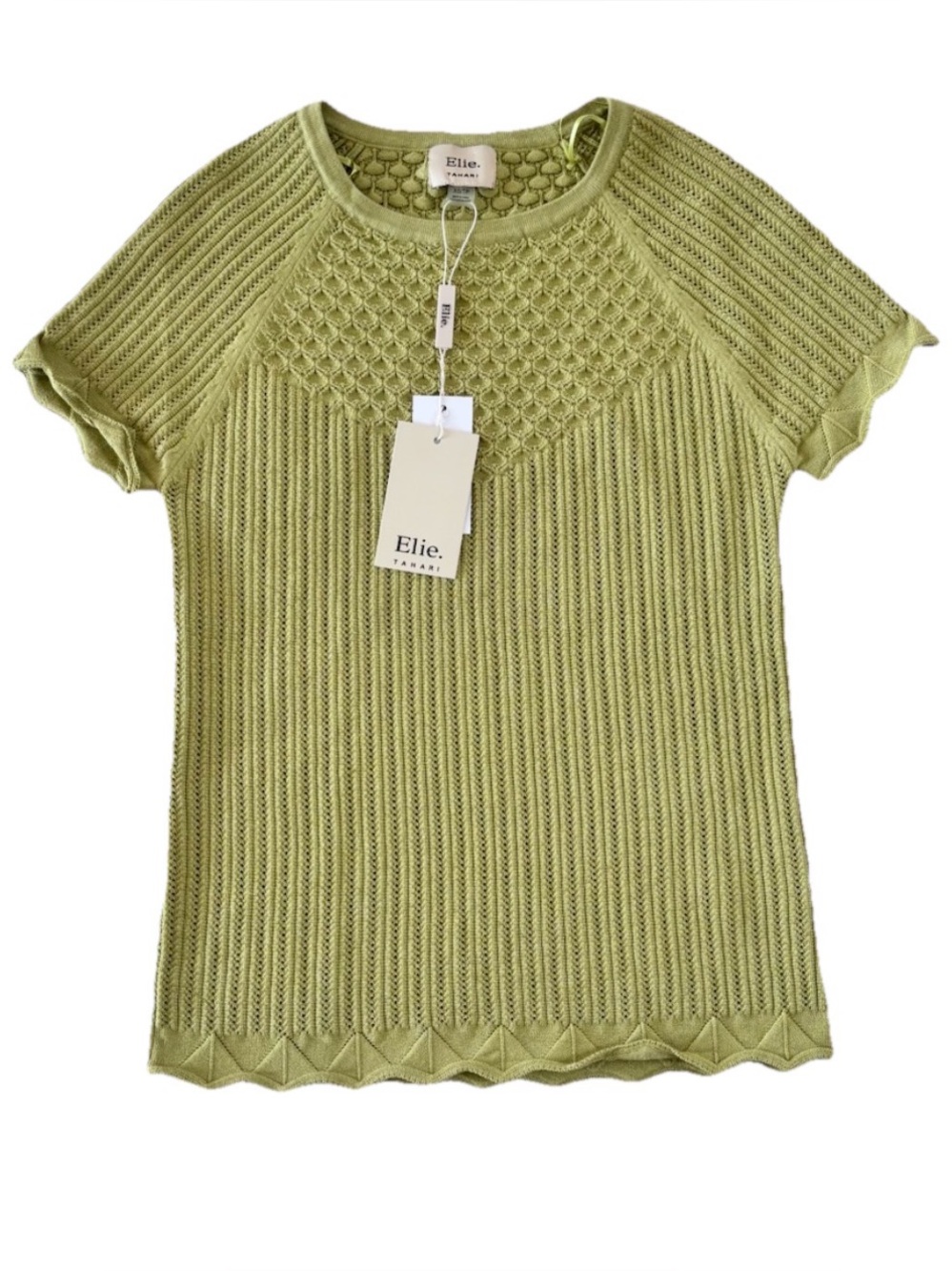 Elie TAHARI Green Crochet Viscose Blend Short Sleeve Sweater NWT XS
